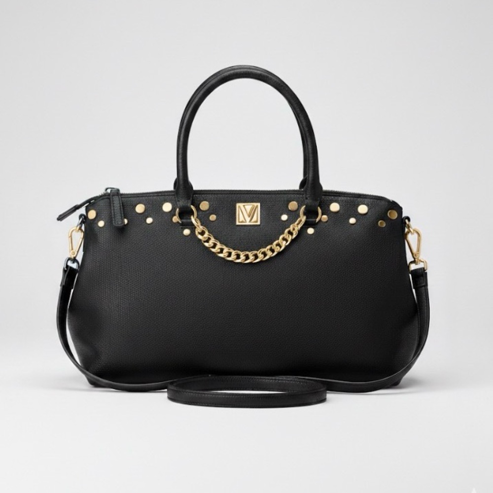 Victoria’s Secret black pebbled faux leather bag with gold hardware, mirror